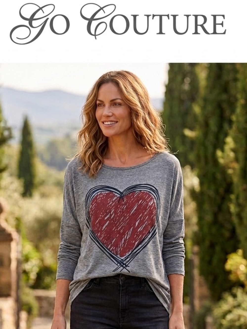 Go Couture Gray Crewneck Pullover Tshirt with red heart graphic